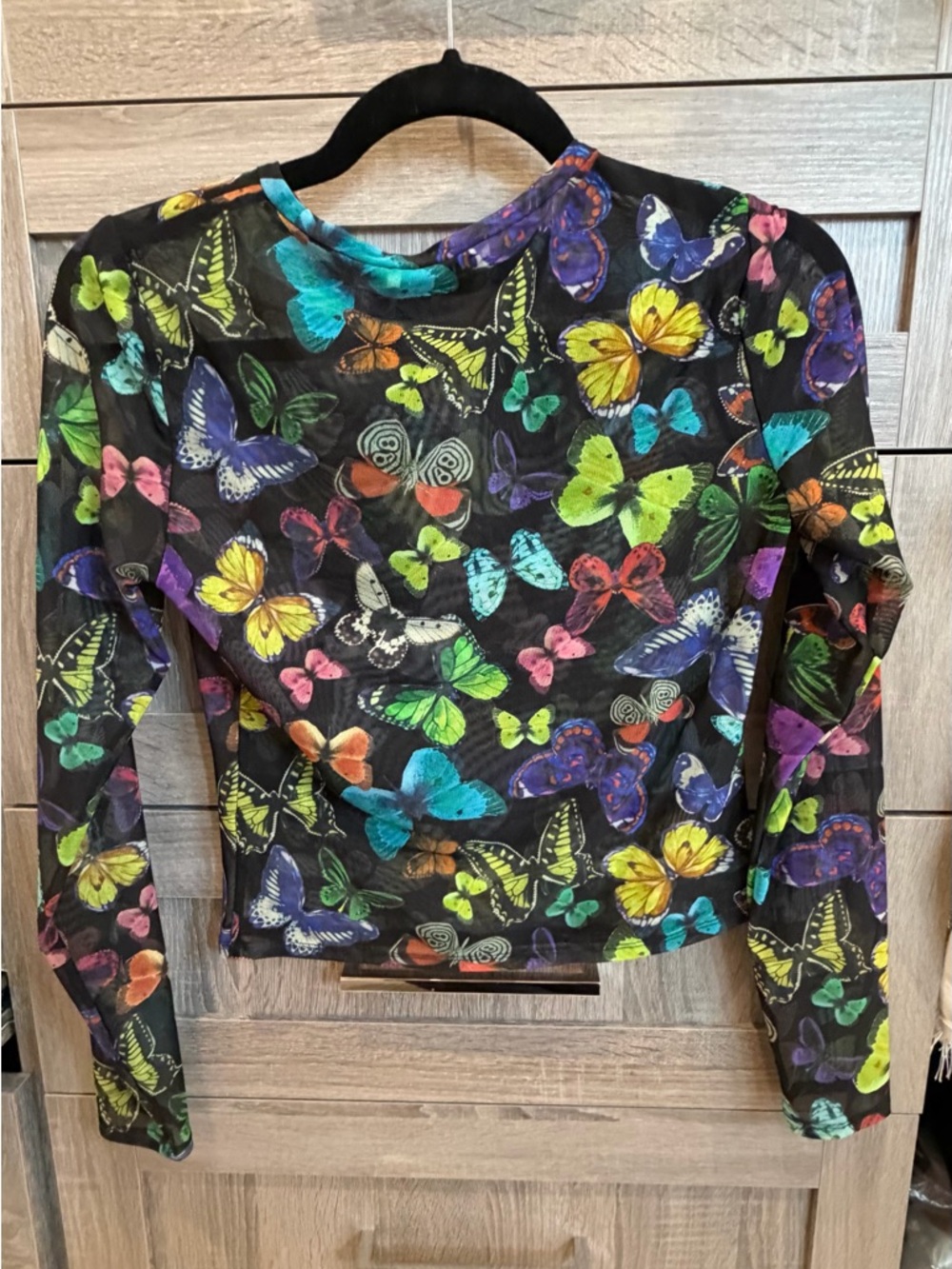 Alice + Olivia Black Long Sleeve Top with Multicolor Butterfly Print
